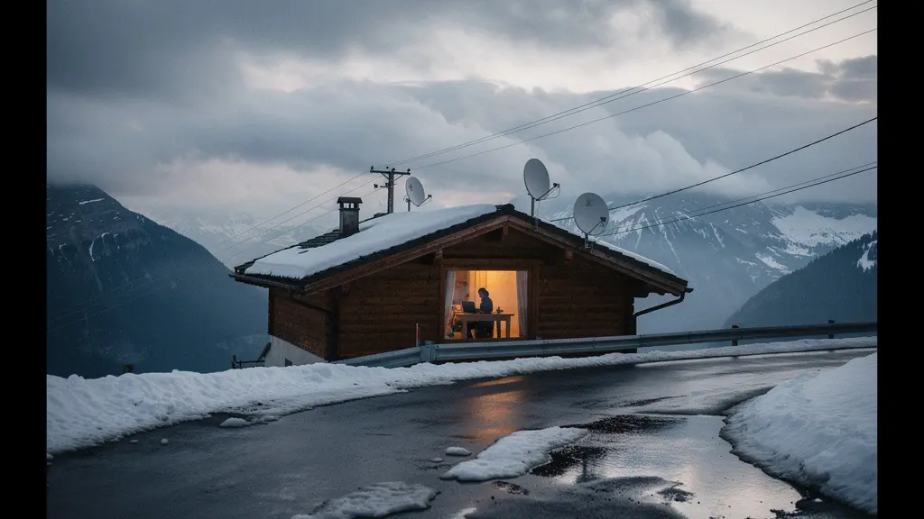 Chalet de montagne à 1200 m avec deux petites paraboles satellites sur le toit sous un ciel d’hiver, lumière chaude à l’intérieur et grand espace de ciel libre pour le titre.