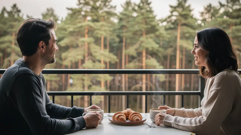 Terrasse d'appartement de vacances avec vue sur forêt de pins landaise