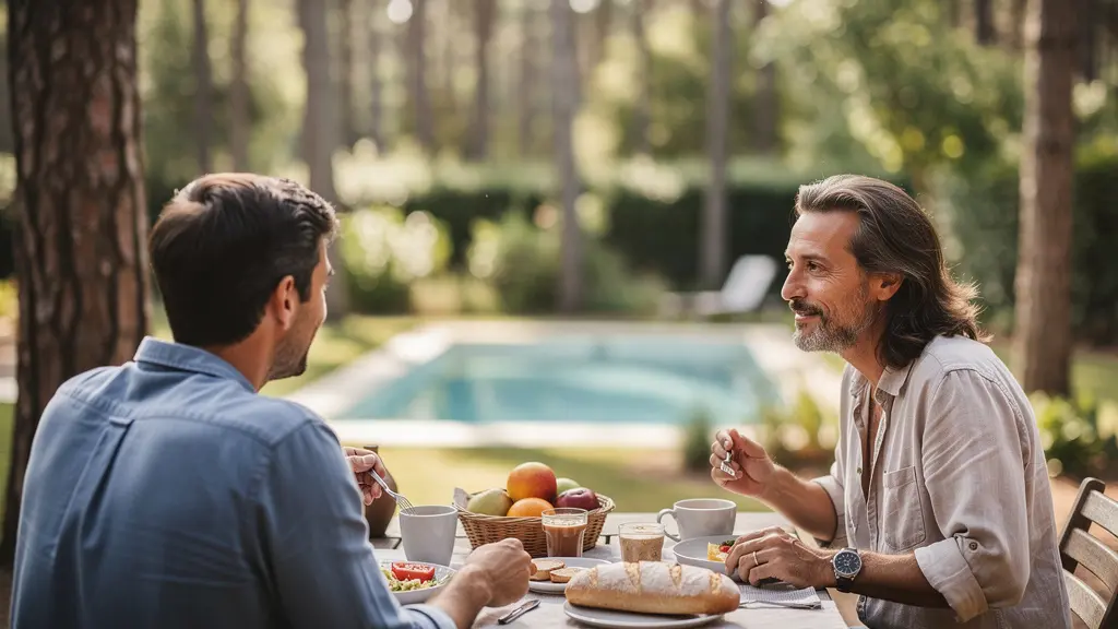 Couple petit-déjeunant sur terrasse avec vue sur piscine et jardin de pins