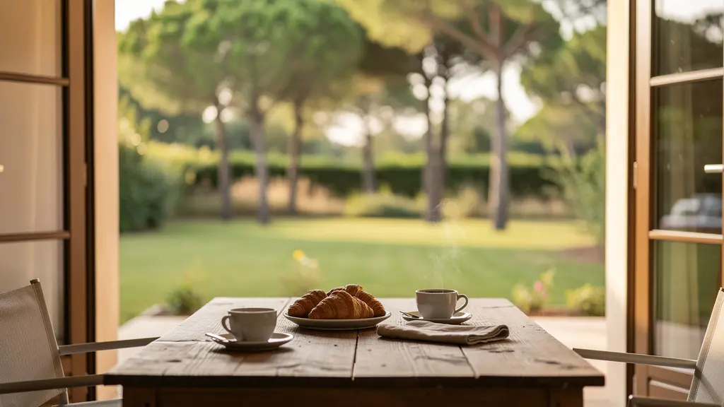 Terrasse de villa landaise avec petit-déjeuner et vue sur jardin avec pins maritimes