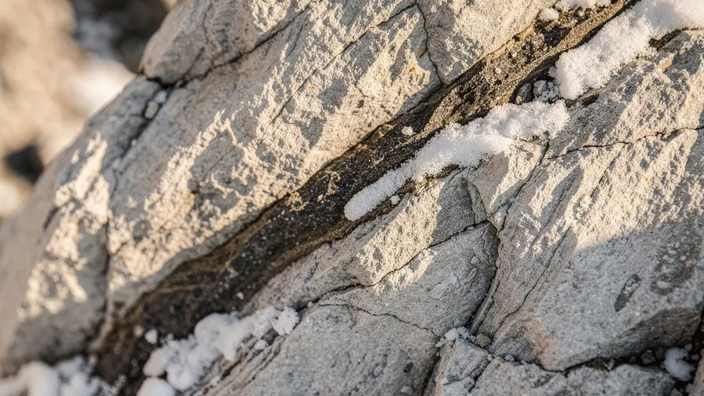 Détail macro de la surface fissurée d'une aiguille calcaire sous lumière frisante latérale révélant des ombres profondes dans chaque micro-relief
