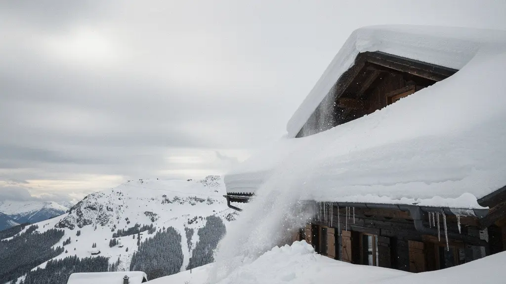 Chalet de montagne avec une toiture très pentue couverte de neige, une coulée de neige en cours et un grand ciel dégagé laissant de l’espace libre.