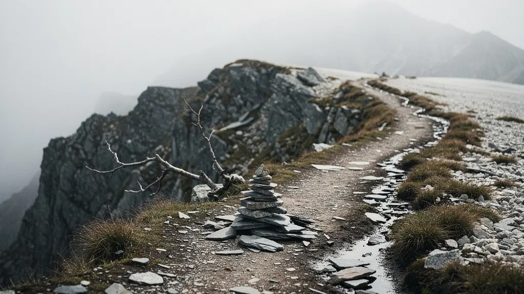 Un ancien sentier de montagne se divise en deux dans une brume froide, avec des cairns et une rupture de terrain, évoquant des noms de lieux comme Enfer sans aucun texte visible.