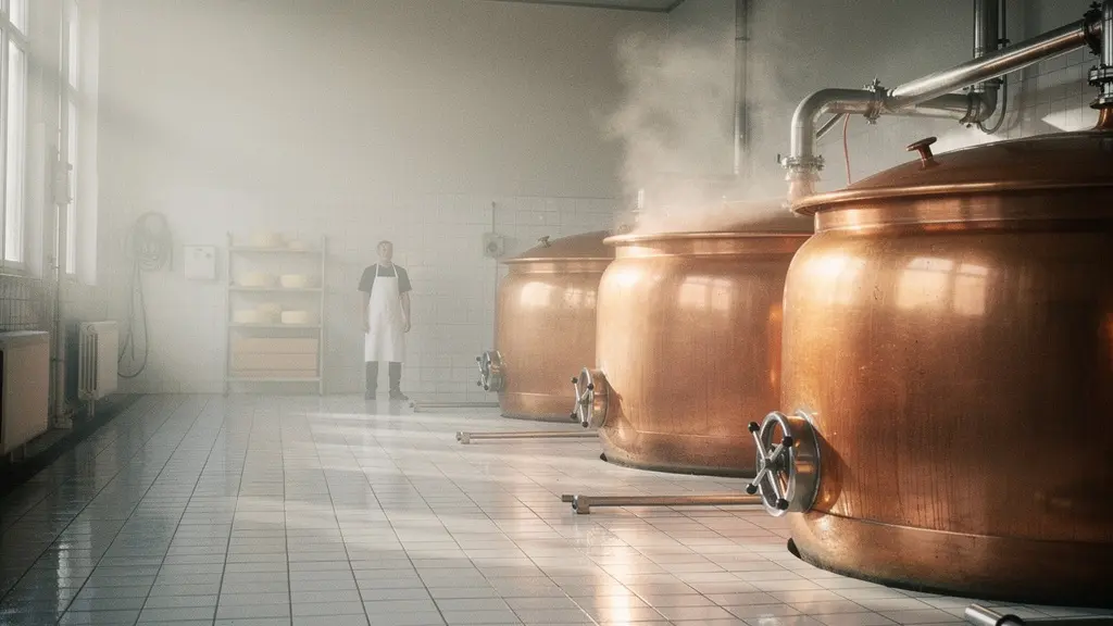 Vue large et épurée d’une salle de fabrication dans une fruitière, avec de grandes cuves en cuivre et une lumière matinale.