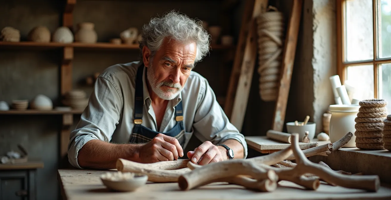 Atelier d'artisan créant des objets marins authentiques avec matériaux locaux