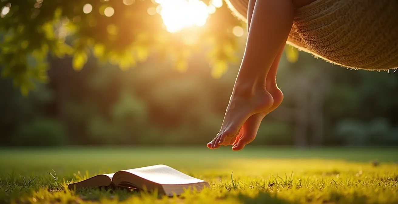 Hamac suspendu entre deux arbres dans une lumière dorée d'après-midi