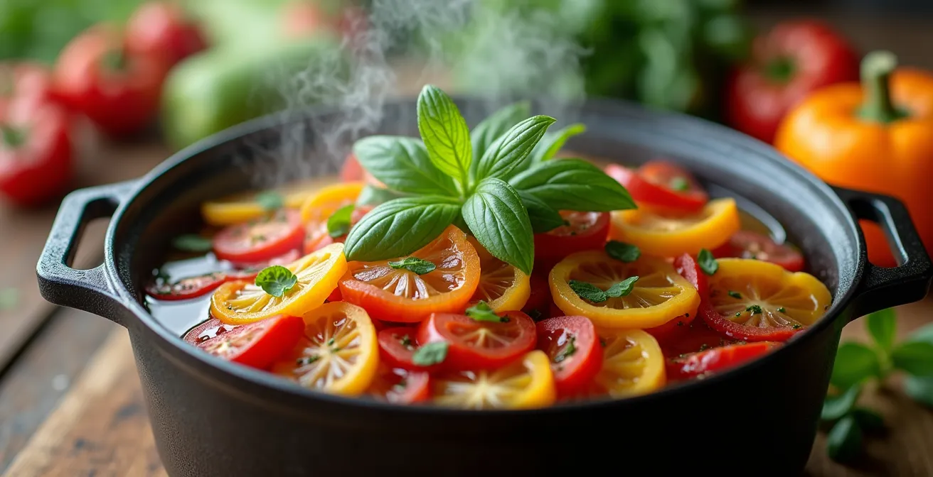 Grande casserole fumante sur une table en bois avec légumes frais du marché autour