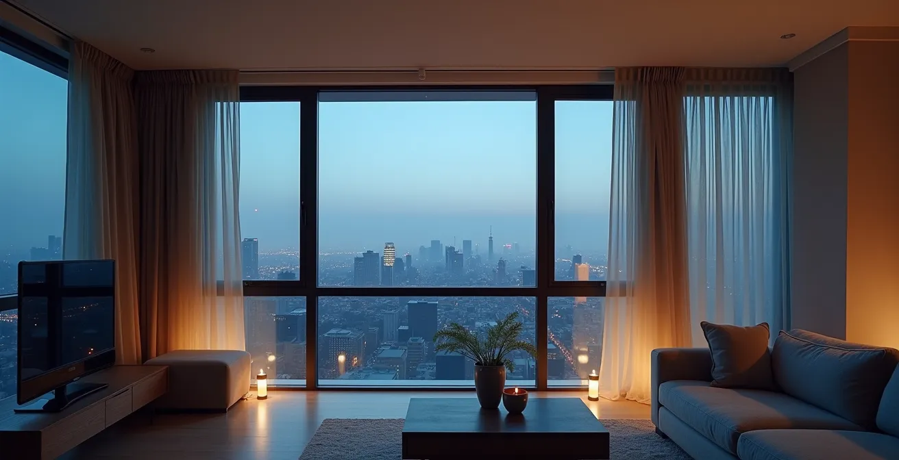 Appartement moderne la nuit avec fenêtres ouvertes créant des flux d'air visibles