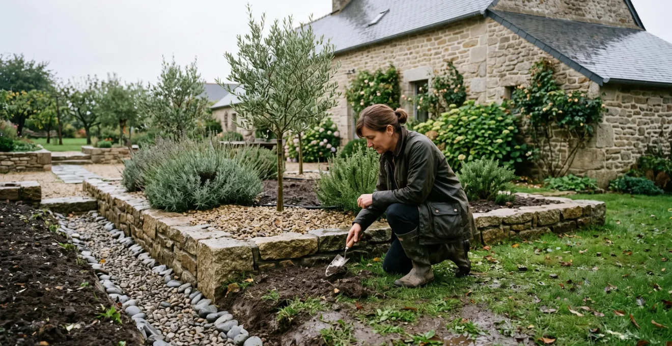 Un jardinier examine le sol humide d'un jardin méditerranéen aménagé en Bretagne.