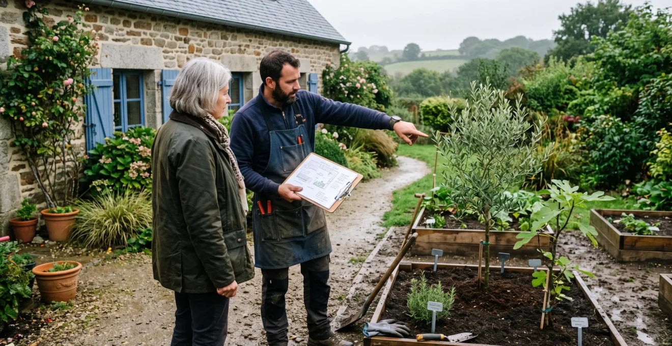 Un paysagiste présente un plan de jardin à une cliente devant la zone plantée.