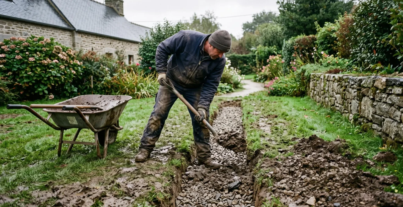 Un paysagiste creuse une tranchée de drainage dans un sol argileux détrempé.