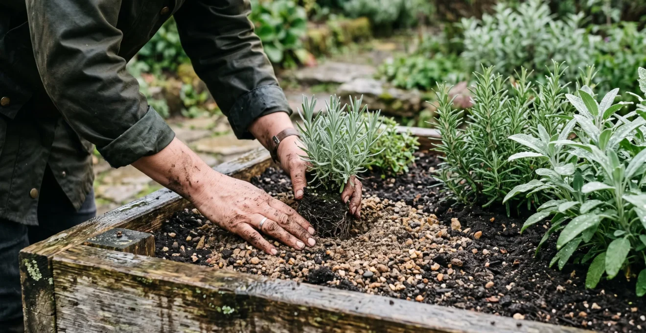 Des mains plantent une lavande dans un massif surélevé de sol aménagé.